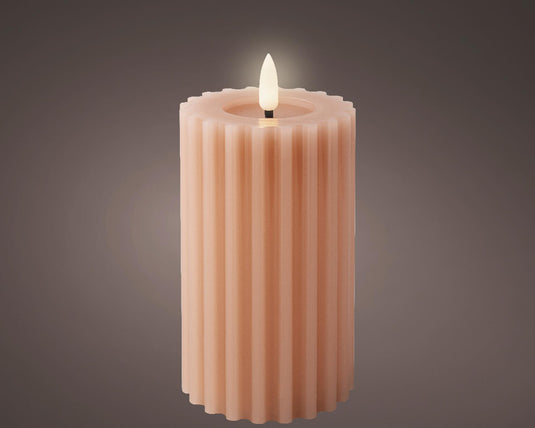 Lumineo led kaars wax ribbel licht roze h14,8cm dia 7,5 cm met 6 uurs timer-werkt op batterijen 2x aaa ( niet inbegrepen)
