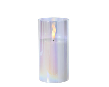Lumineo ked kaars in glas voor binnen met vlamefect en timer dia.7,5x15cm iriserend