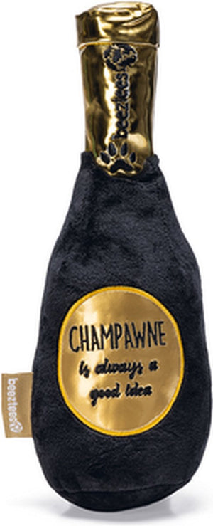 Beeztees champagnefles - hondenspeelgoed - pluche - zwart goud - 30x9x9 cm one size