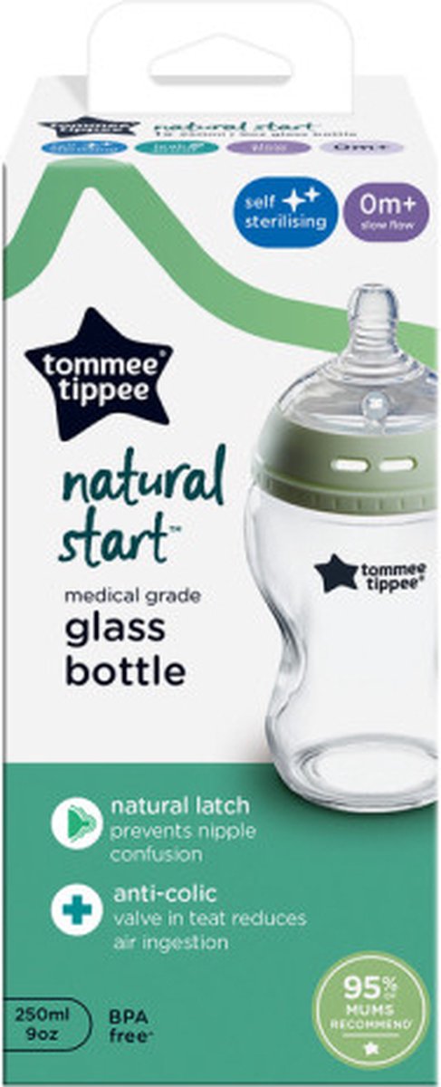 Tommee tippee natural start glazen babyfles - set van 1 x 250ml baby fles - lage toevoersnelheid 0m+