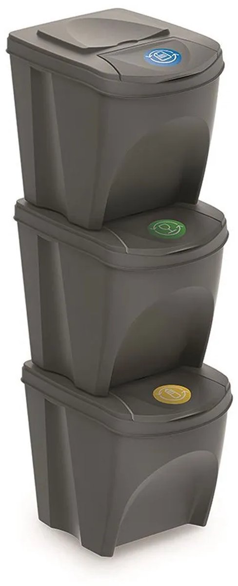 Prosperplast set van 3x kunststof afvalscheidingsbakken grijs van 25 liter - scheidingsprullenbakken