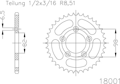 Esjot achtertandwiel, zilver chain wheel 43z steel silver