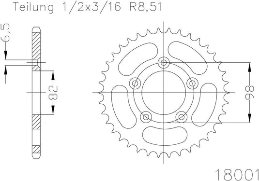 Esjot achtertandwiel, zilver chain wheel 43z steel silver