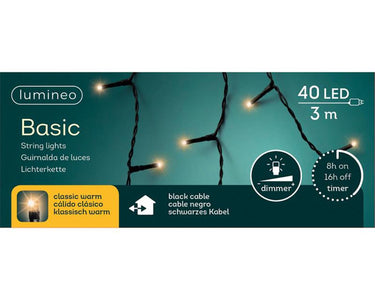 Lumineo led-verlichting 3m 40 lampjes classic warm. met 8-uurs timer en dimfunctie voor binnen en buiten