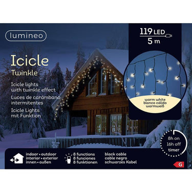 Lumineo icicle led verlichting 5m- 119led warmwit met 8-uurs timer en dimfunctie voor binnen en buiten