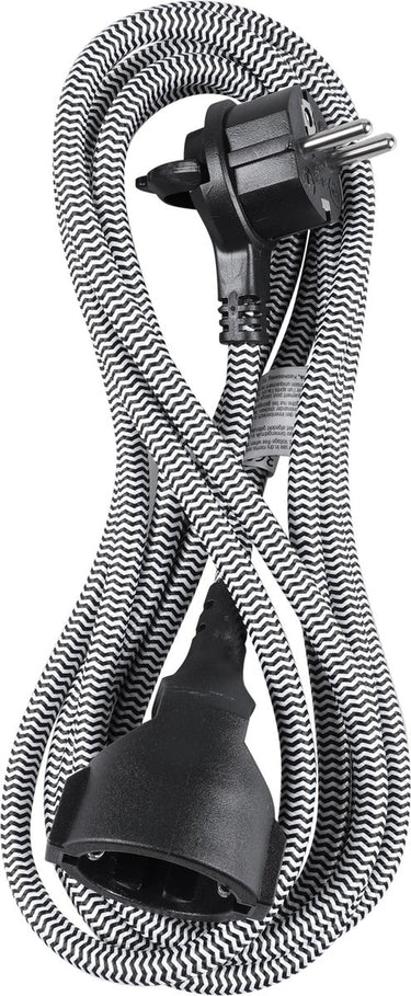 Q-link verlengsnoer - platte stekker - randaarde - 3 x 1.5 mmâ² - 3 meter - textiel - zwart - wit