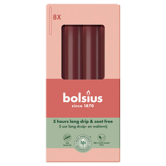 Bolsius dinerkaarsen velvet red ø20x170 mm 5 uur (4x 8 stuks)