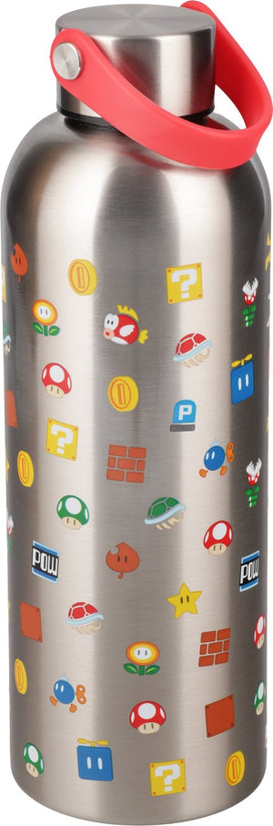 Paladone super mario metalen drinkfles met draaglus – rvs fles 500 ml – one size