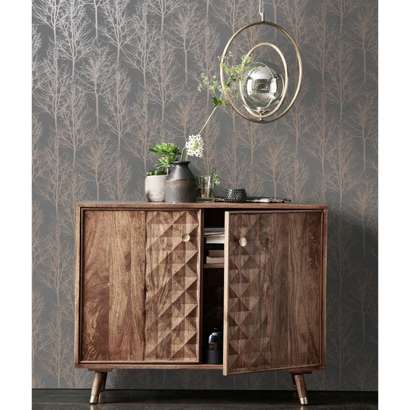 Load image into Gallery viewer, Dutch wallcoverings behang rhea trees grijs en roségoudkleurig
