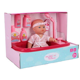 Load image into Gallery viewer, My beautiful dollsroom poppenbadje met douchefunctie, pop en set van 5 accessoires
