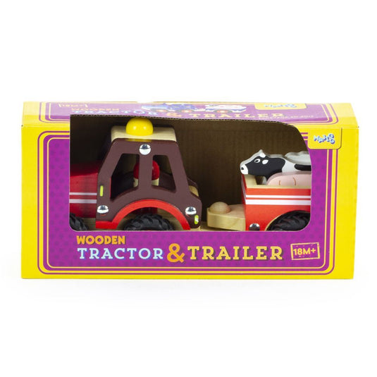 Retro houten tractor+trailerset. fsc. 2+