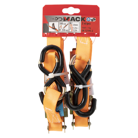 Mack 1072108 - 2 spangordels pe, ratelspanner25mm-4m max 500kg 2d,2 s haken | 5 stuks