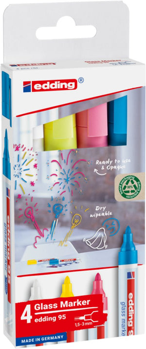 Edding 95 glasmarker set met 4 kleuren - wit, geel, roze, lichtblauw - ronde punt 1,5-3 mm - ook geschikt voor whiteboards - droog uitwisbaar