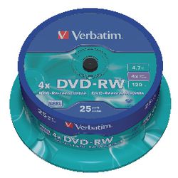 Dvd-rw verbatim 43639 krasvast 4,7gb 4x 120min mat zilver 25 stuks