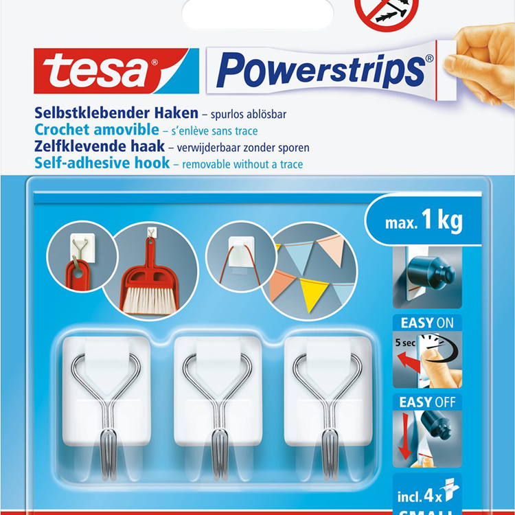 Afbeelding laden in galerijviewer, Tesa powerstrips haken small - wit - 3 x haak, 4 x strips - afneembare draadhaken - zonder boren
