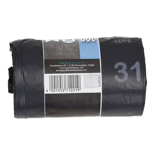 1054872 - afvalzak 60l, zwart ldpe 20 st per rol | 15 stuks