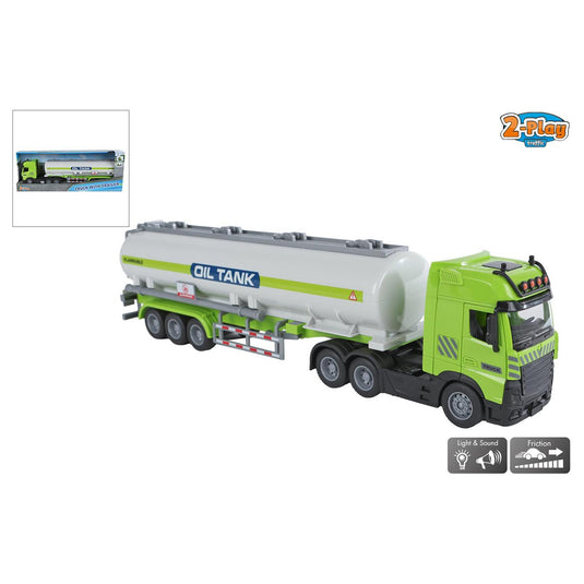 2-play vrachtwagen met tank-oplegger frictie licht en geluid 38cm