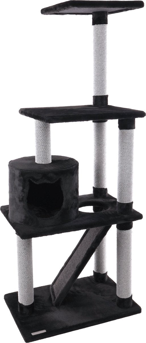 Flamingo krabpaal – forza zwart grijs – 60x40x151,5 cm – hoge krabpaal met 2 ligplateaus schuilhuisje – kattenmeubel met sisal krabplank pluche bekleding – stevige kattenboom