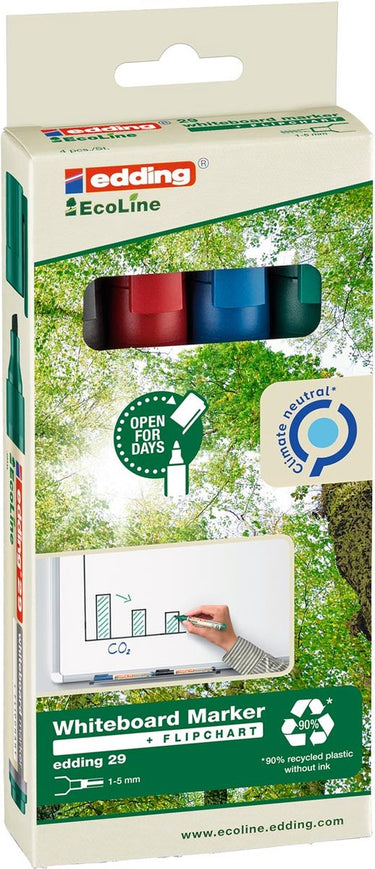 Edding 29 ecoline boardmarker - 4 stuks - zwart blauw rood groen - beitelpunt 1-5mm - geschikt voor whiteboard en flipchart