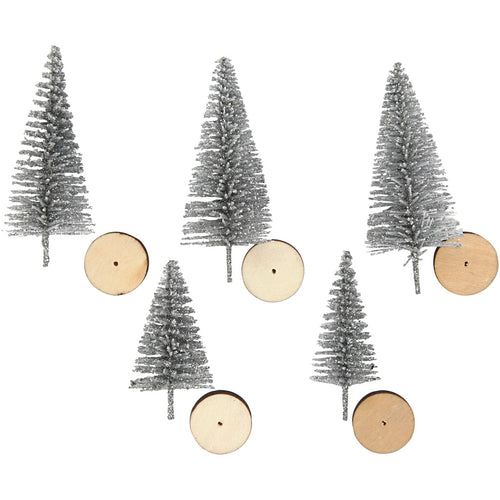 Creativ company kerstbomen, h: 40+60 mm, zilver, 5 stuk 1 doos