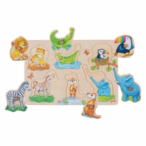 Goki houten achtergrond noppenpuzzel moeder en baby, 6st.