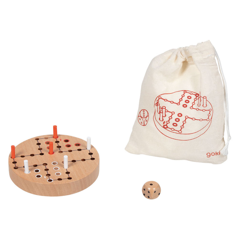 Load image into Gallery viewer, Goki houten ludo spel in katoenen opbergzakje
