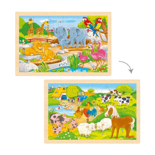 Afbeelding laden in galerijviewer, Goki houten legpuzzel - boerderij en dierentuin - 24st.
