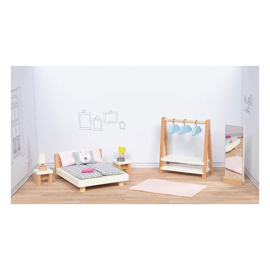 Goki poppenhuismeubeltjes: design slaapkamer, 18-delig, bed 12,7cm, beukenhout en stof, 3+