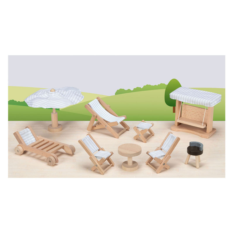 ギャラリービューアに画像をロードする, Goki poppenhuismeubeltjes: tuinmeubelen, 9-delig, schommel h10,5cm, hout en tekstiel, 3+
