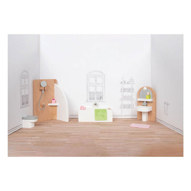 Goki poppenhuismeubeltjes: design badkamer, 10-delig, 11,2x6,2x6cm (bad), beukenhout en stof, 3+