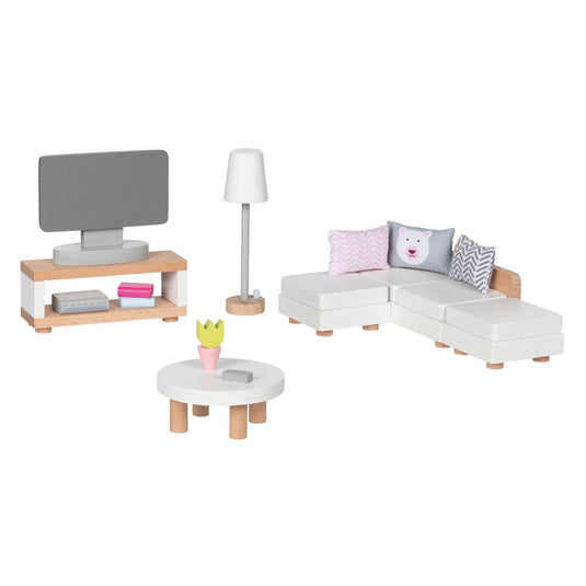 Goki houten poppenmeubels woonkamer, 15dlg.