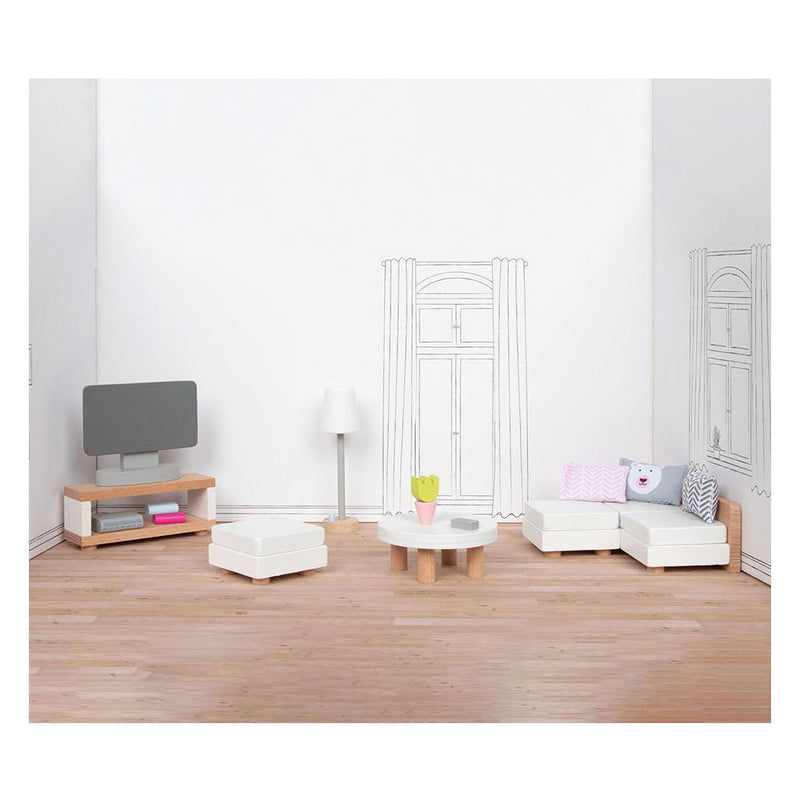 Afbeelding laden in galerijviewer, Goki poppenhuismeubeltjes: design woonkamer, 15-delig, 9,5x3x4cm (televisiekast), beukenhout en stof, 3+
