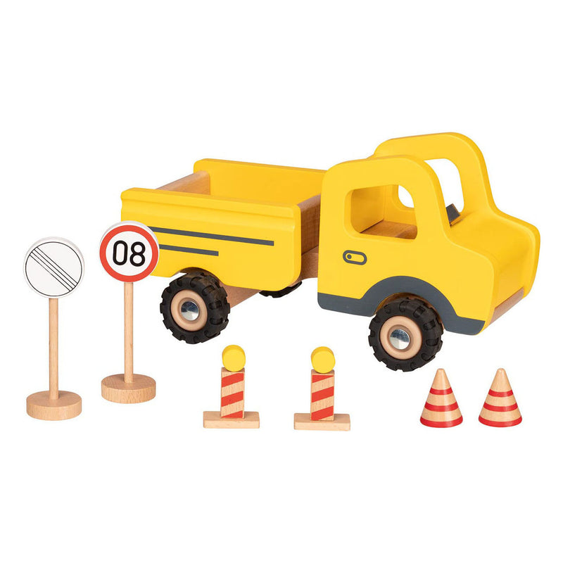 Load image into Gallery viewer, Goki houten werkvoertuig met verkeersborden, 7dlg.
