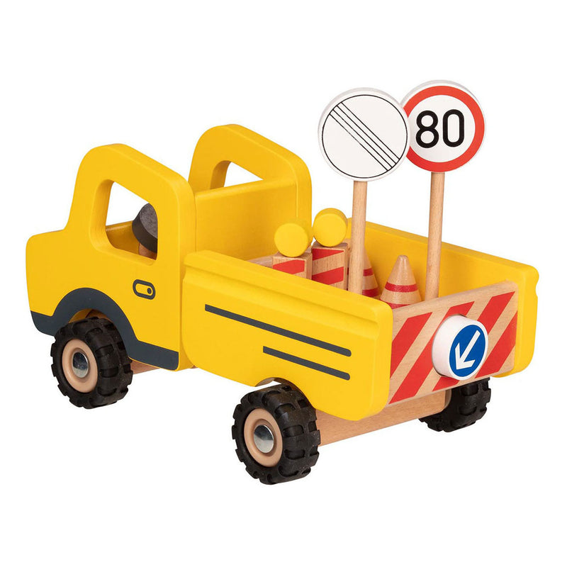 Load image into Gallery viewer, Goki houten werkvoertuig met verkeersborden, 7dlg.
