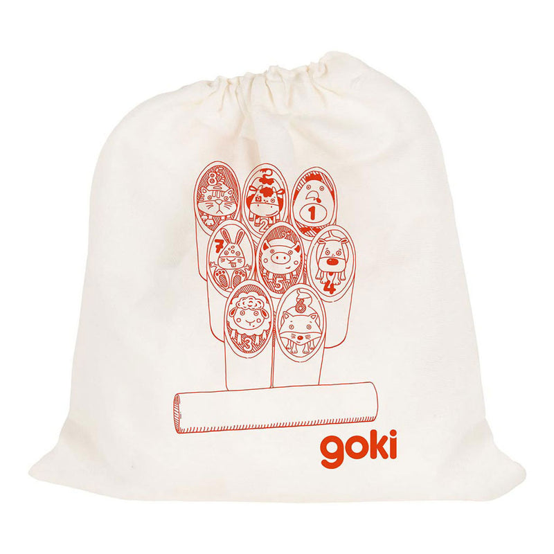Load image into Gallery viewer, Goki houten viking spel dieren kubb in katoenen zak
