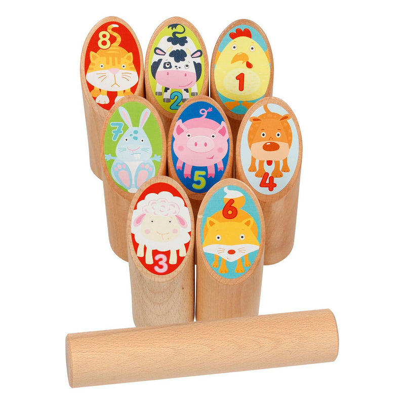Load image into Gallery viewer, Goki houten viking spel dieren kubb in katoenen zak
