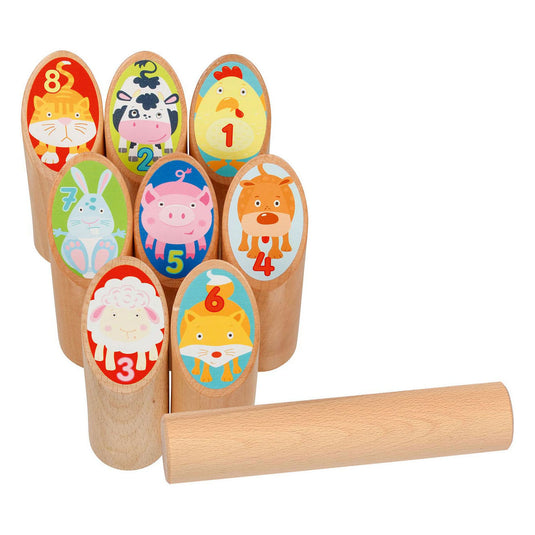 Goki houten viking spel dieren kubb in katoenen zak