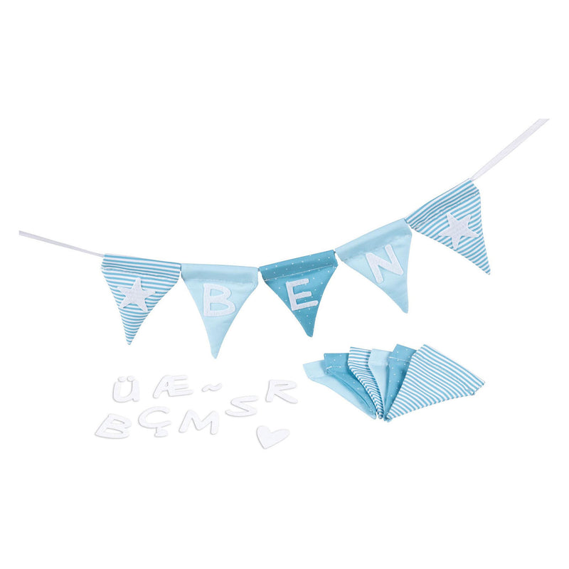 Load image into Gallery viewer, Goki stoffen vlaggenlijn maken blauw met 10 vlaggen en alfabet tekens
