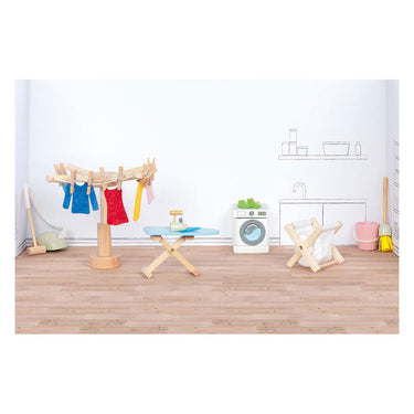 Goki poppenhuistoebehoren: washoksaccessoires, 19-delig, wasmachine 4x4,5x5cm, hout en tekstiel, 3+