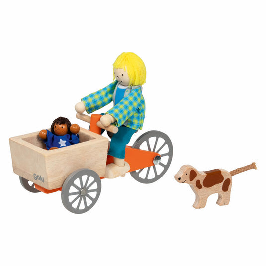 Goki poppenhuis houten bakfiets met kind en hond