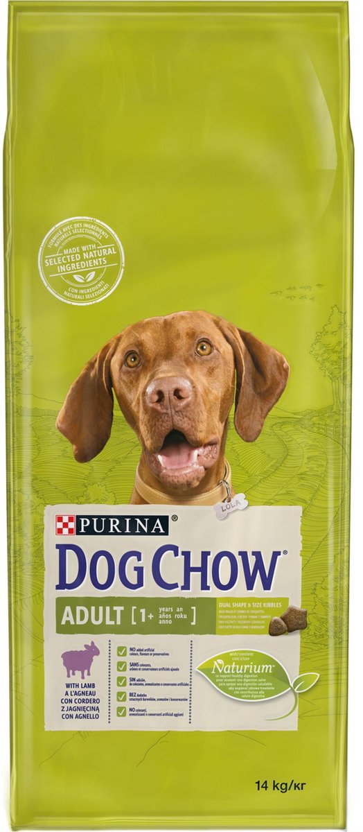 Dog chow purina adult - hondenvoer - lam - 14 kg - voor volwassen honden - ondersteunt spijsvertering gebit