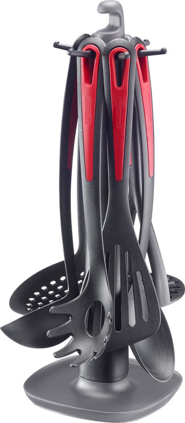 Westmark keukengerei – draaibare standaard gallant met aardappelstamper, groentelepel, spaghettilepel, soeplepel, schuimspaan en spatel – zwart rood, 7–delige set