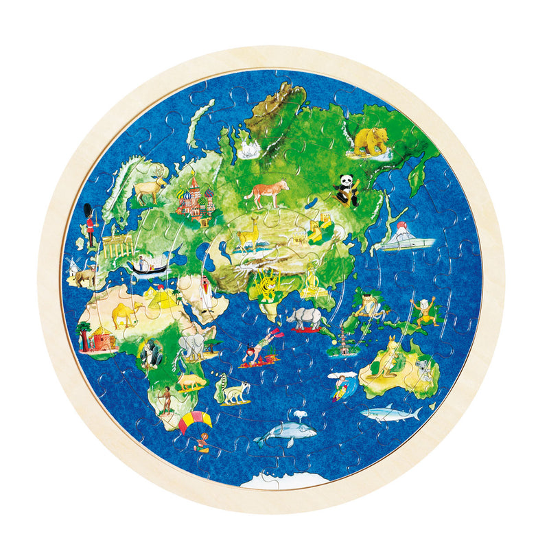 Load image into Gallery viewer, Goki dubbelzijdige houten puzzel - wereldbol, 57st.
