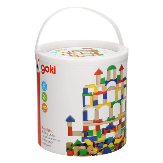 Goki houten bouwblokken in ton - kleur, 100dlg.