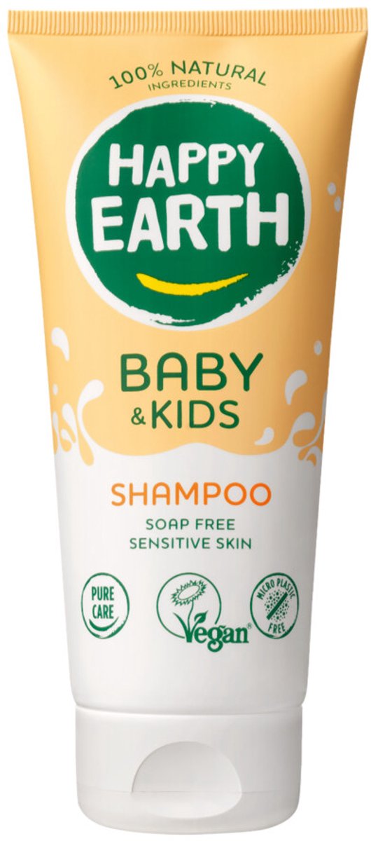 Happy earth shampoo baby kids - 100% natuurlijke ingrediënten - microplasticvrij - 0% sls sles - babyverzorging – met plantaardige huidverzachter – geschikt voor pasgeborenen – 200ml