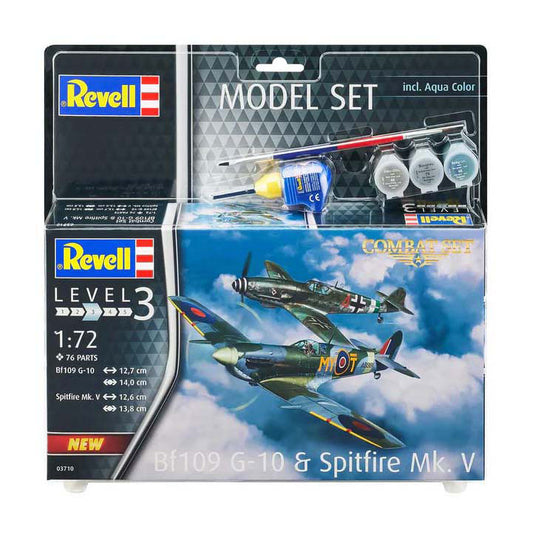Revell modelbouwpakket - combat set bf109g-10 spitfire mk.v 1:72 - 76dlg. - incl. aqua color basiskleuren verf