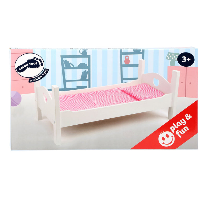 Afbeelding laden in galerijviewer, Small foot houten poppenbed met beddengoed 50 cm wit roze
