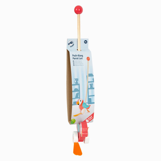 Small foot - houten duwfiguur papegaai lori met stok