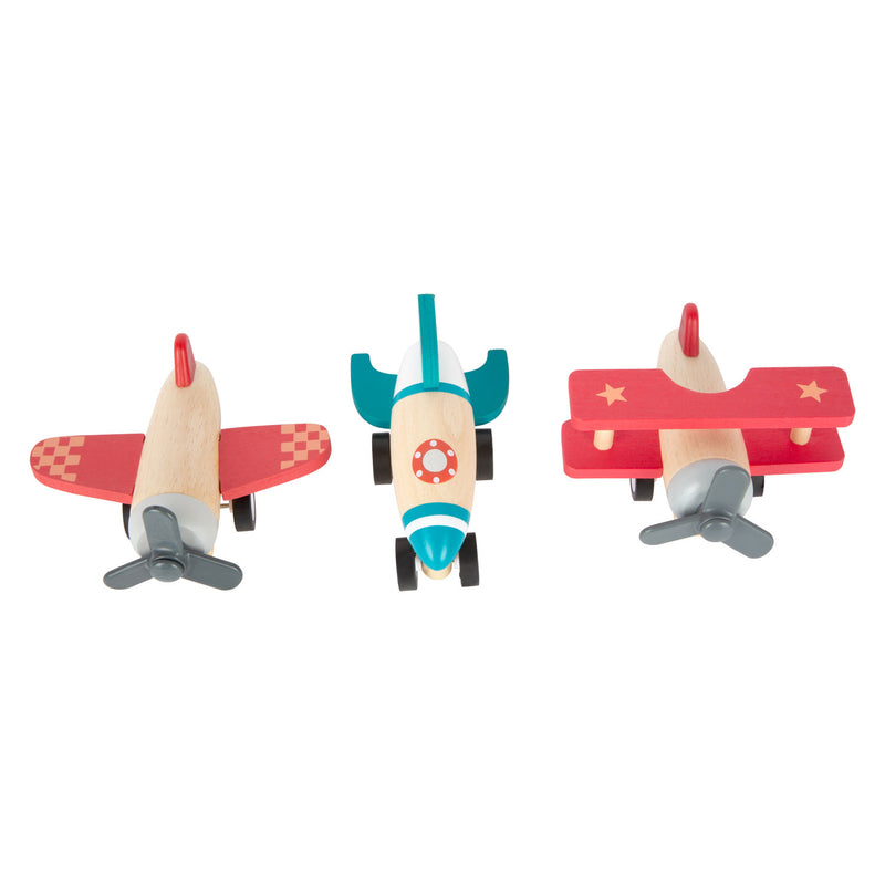 Afbeelding laden in galerijviewer, Small foot - houten pull-back vliegtuigen, set van 3
