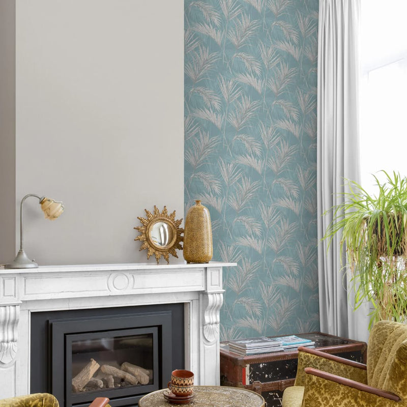 Load image into Gallery viewer, Dutch wallcoverings behang palm springs blauw en grijs
